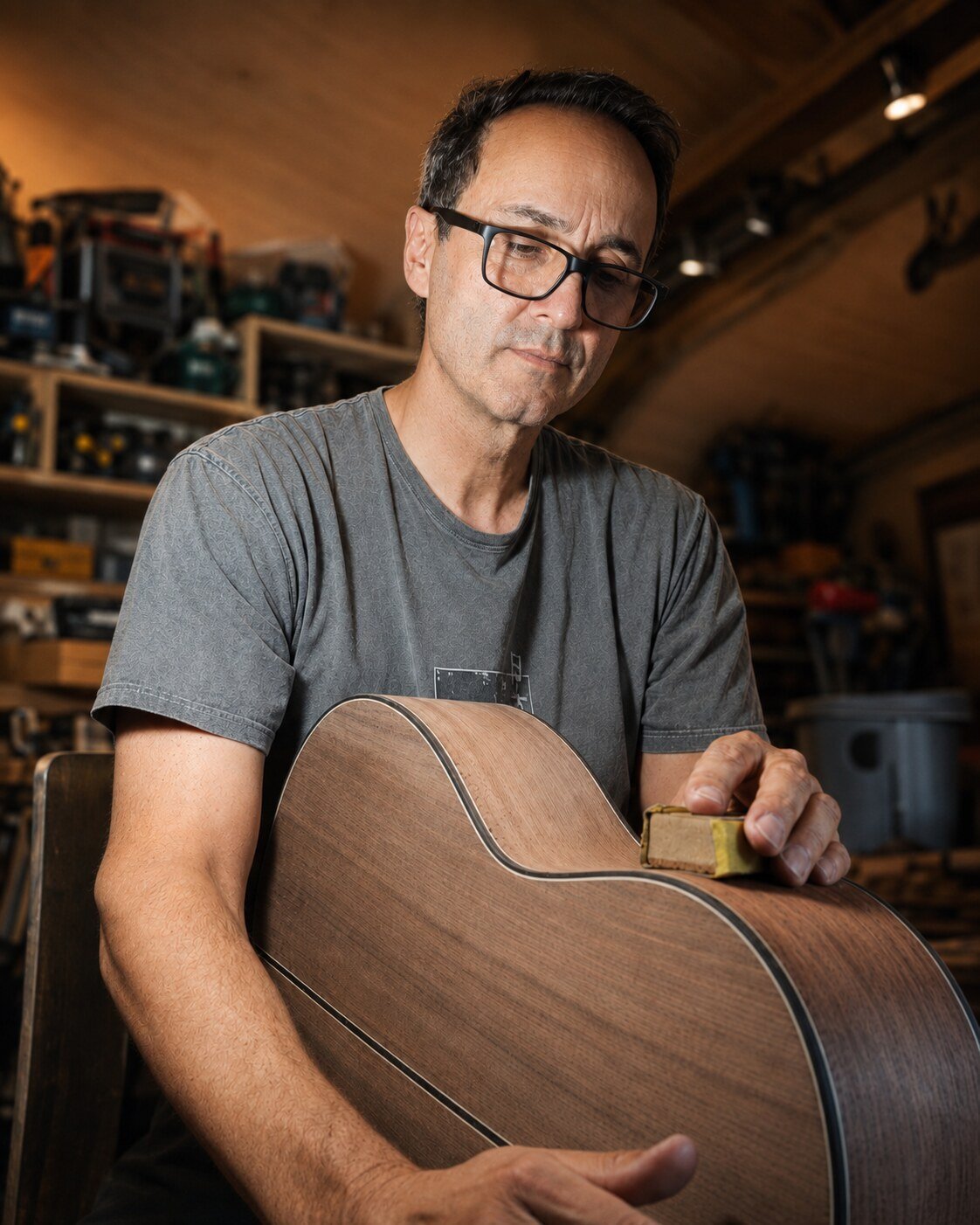 Edward Hempton working on a classical guitar in his London workshop