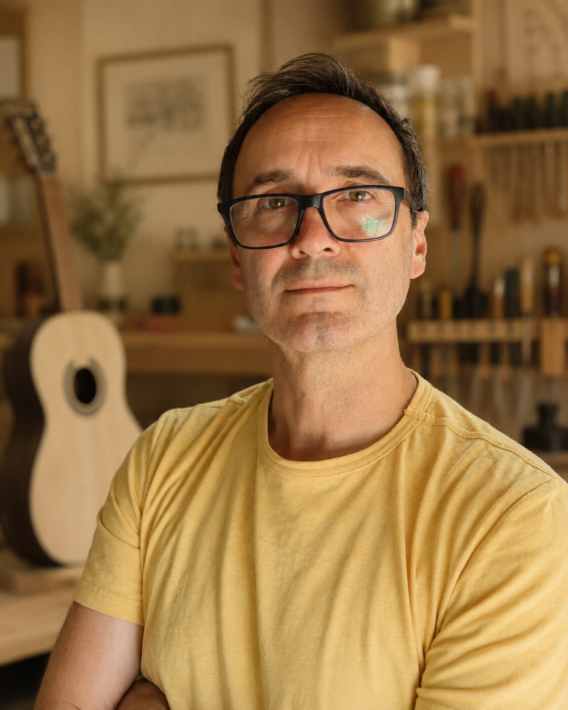 Edward Hempton, classical guitar maker, in his London workshop