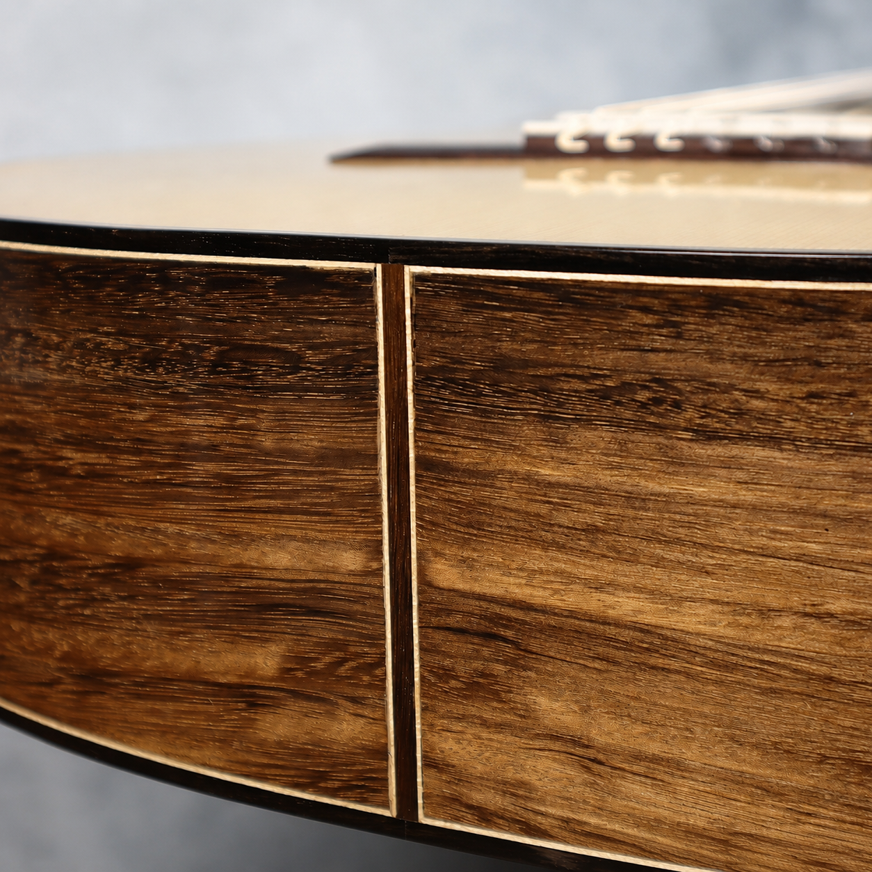 Figured eucalyptus detail on Guitar No. 3
