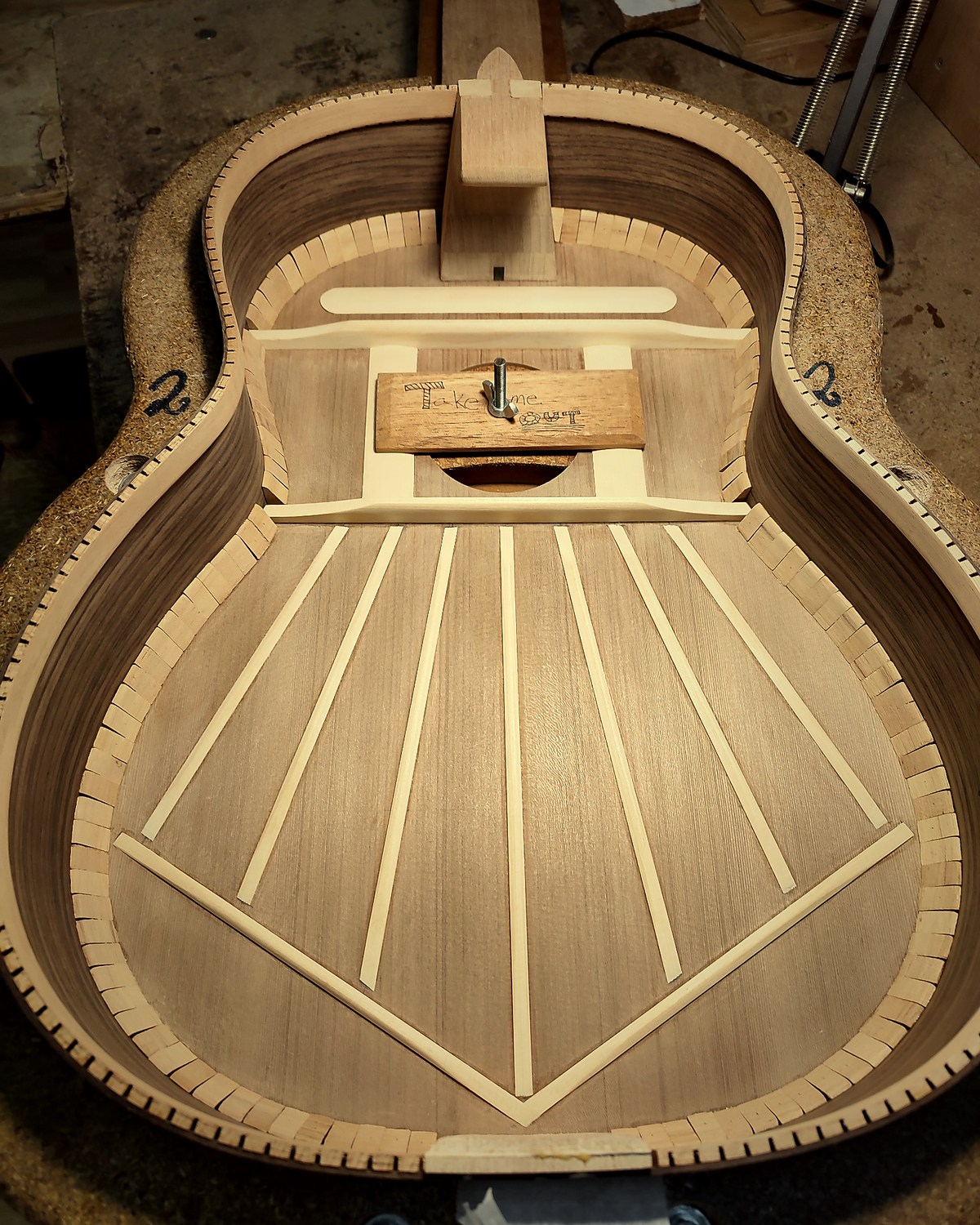 Traditional Spanish fan bracing inside a classical guitar