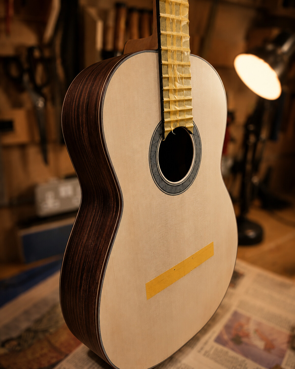 Nearly completed classical guitar being refined in the workshop